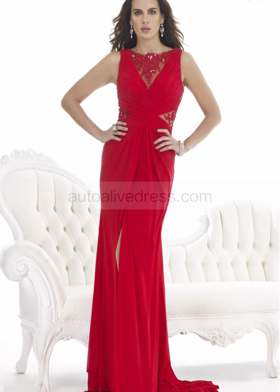 Red Lace Chiffon Beaded Slit Prom Dress